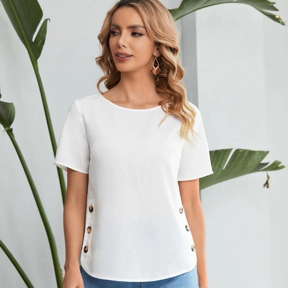 Button Side High Low Blouse Large New